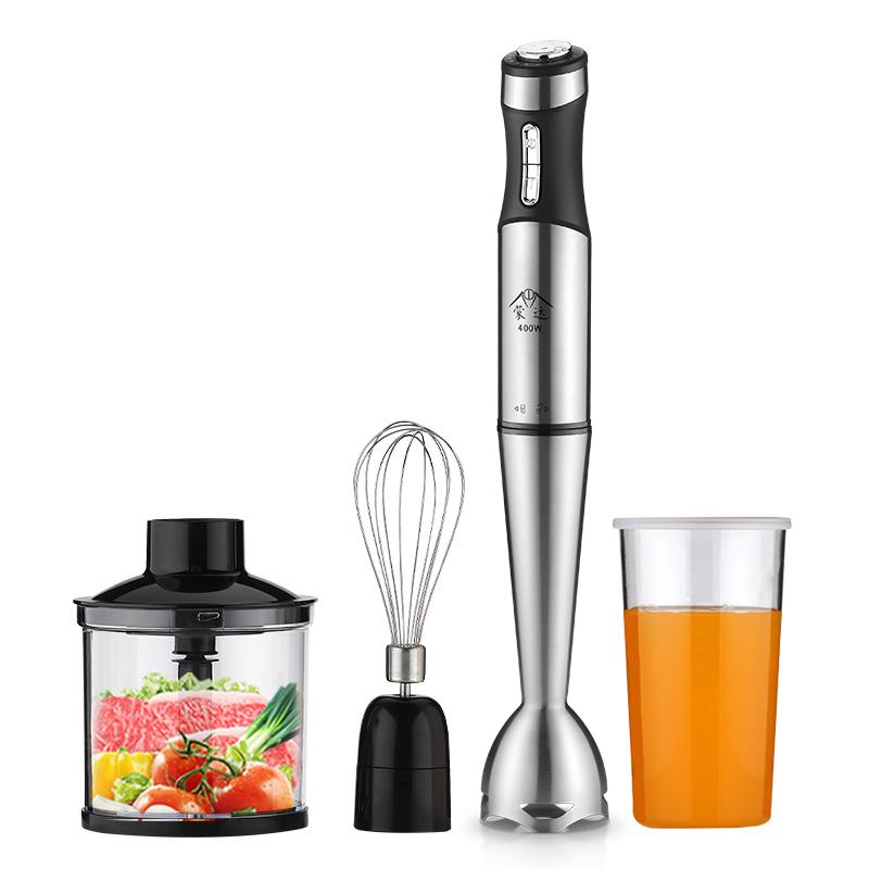 220V Handheld Blender with multiple attachments for baby food and smoothies, featuring a sleek stainless steel design.