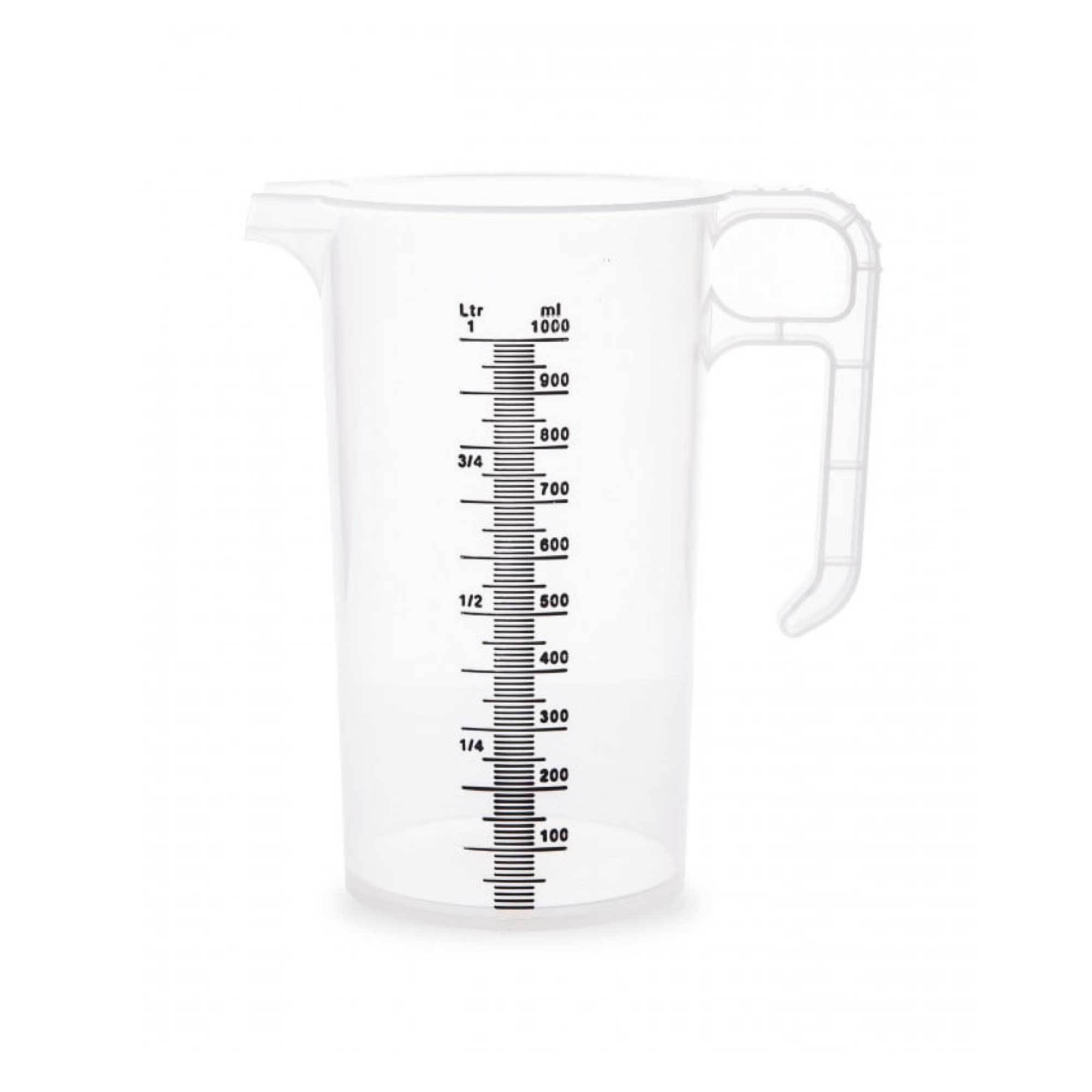 Set of 20 clear 1L measuring jugs made from heavy-duty food-grade polypropylene, featuring clear measurement increments and ergonomic handles.