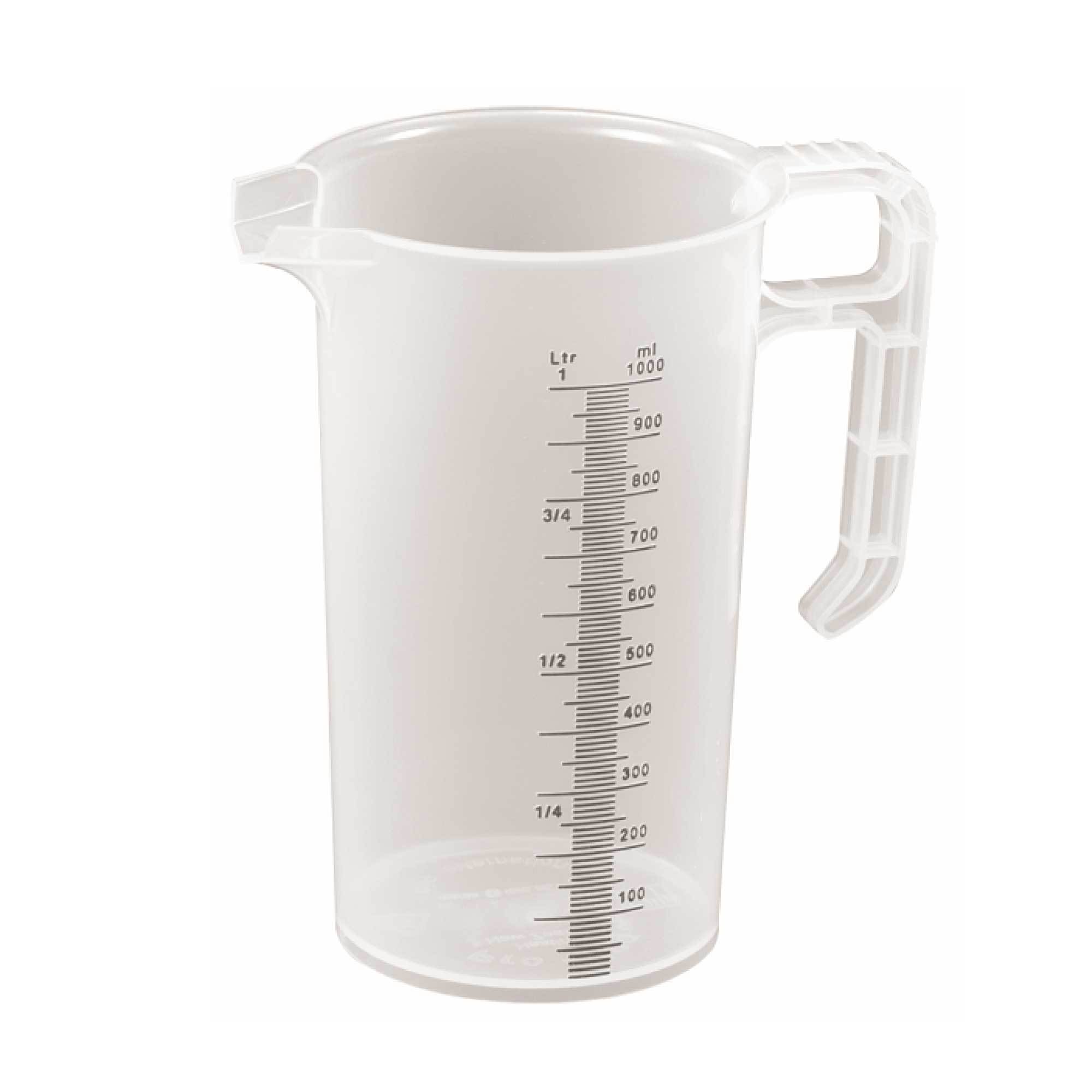 Set of 20 clear 1L measuring jugs made from heavy-duty food-grade polypropylene, featuring clear measurement increments and ergonomic handles.