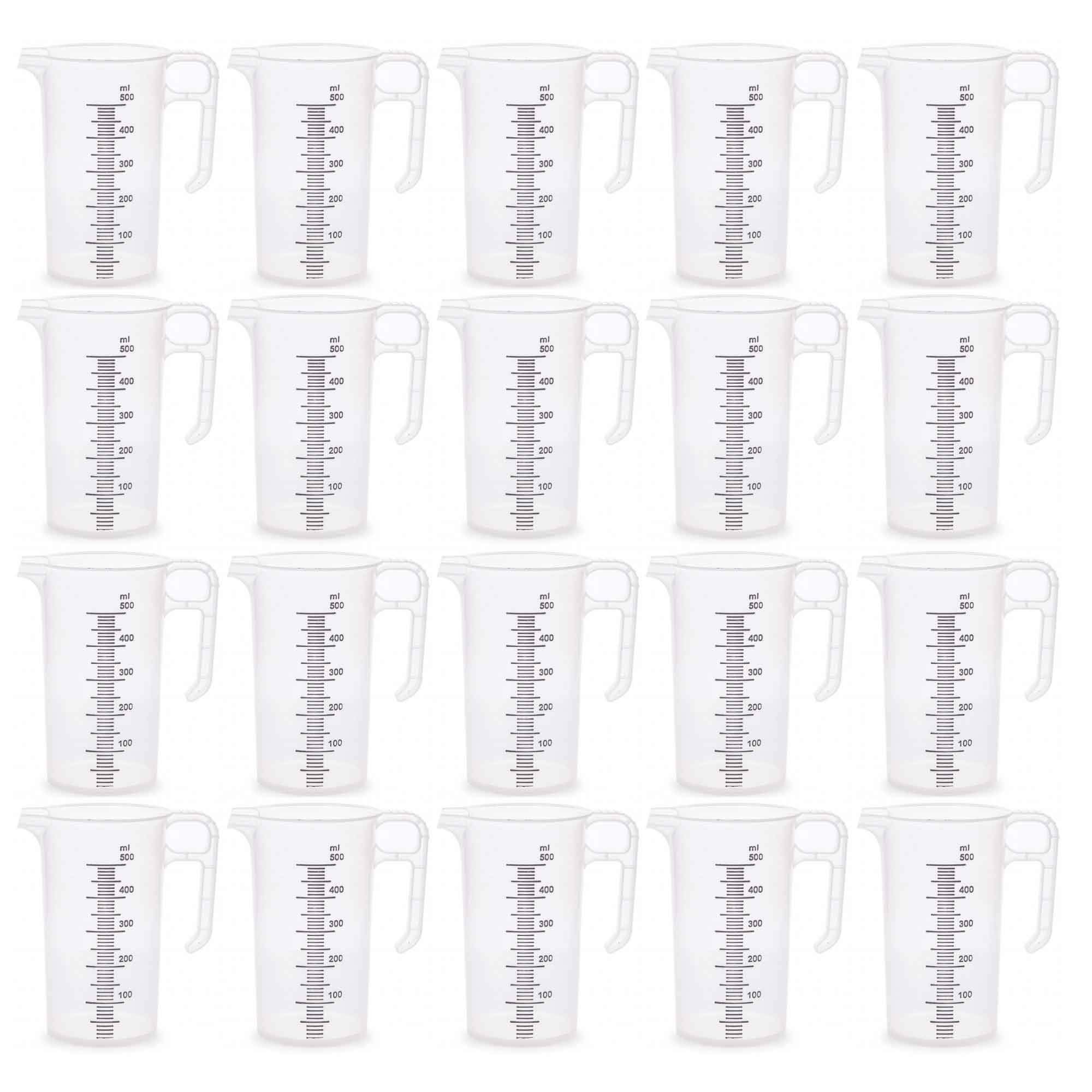 20x 500ml clear plastic measuring jugs with safe grip handles and pouring spouts, ideal for food and chemical measuring applications.