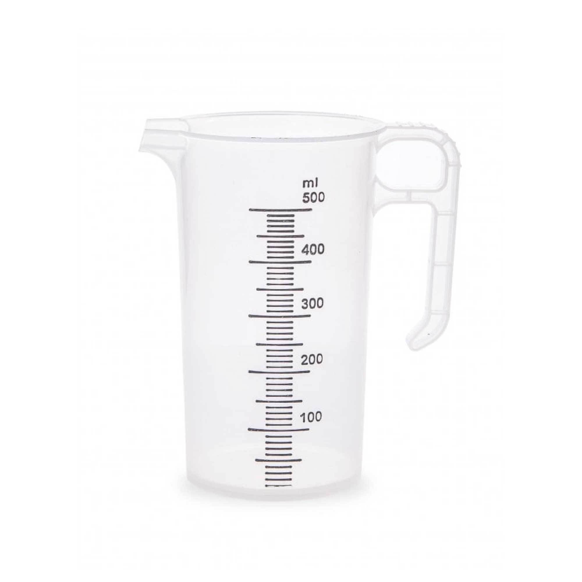 20x 500ml clear plastic measuring jugs with safe grip handles and pouring spouts, ideal for food and chemical measuring applications.