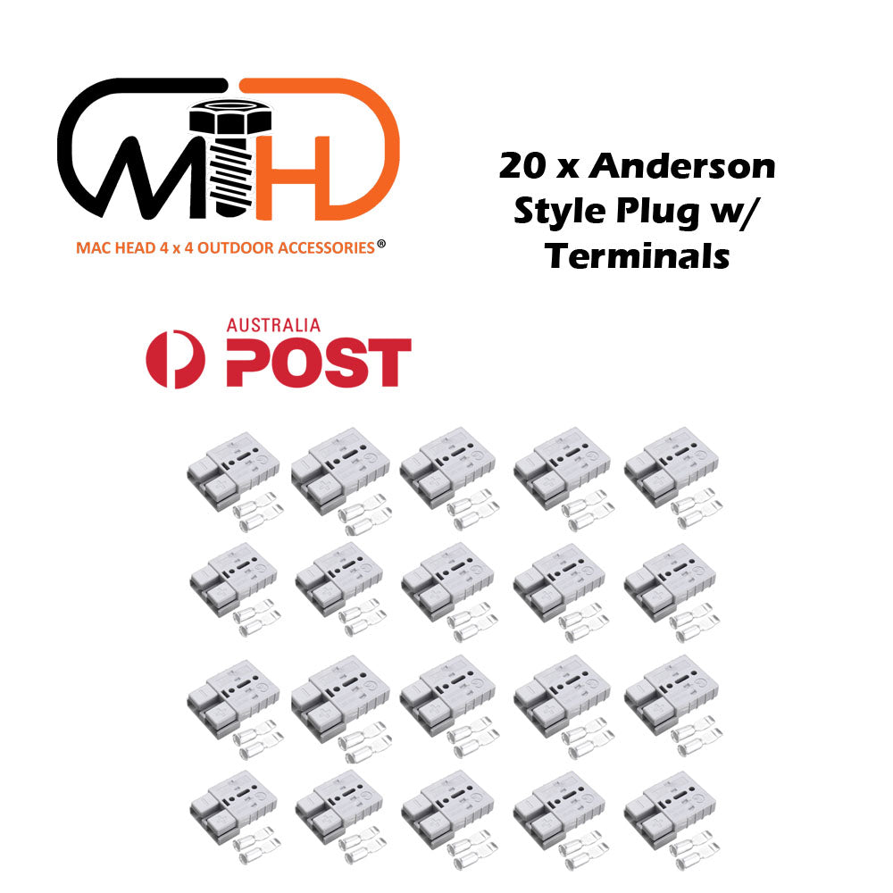 20x Anderson Style Plug connectors with silver plated copper terminals, designed for 50AMP caravan and trailer solar applications.