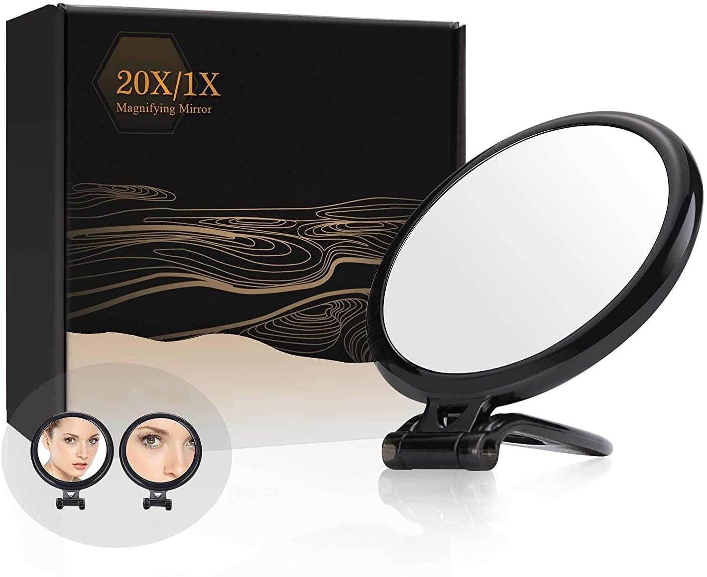 20X Magnifying Hand Mirror with adjustable handle, perfect for makeup application and skincare routines.