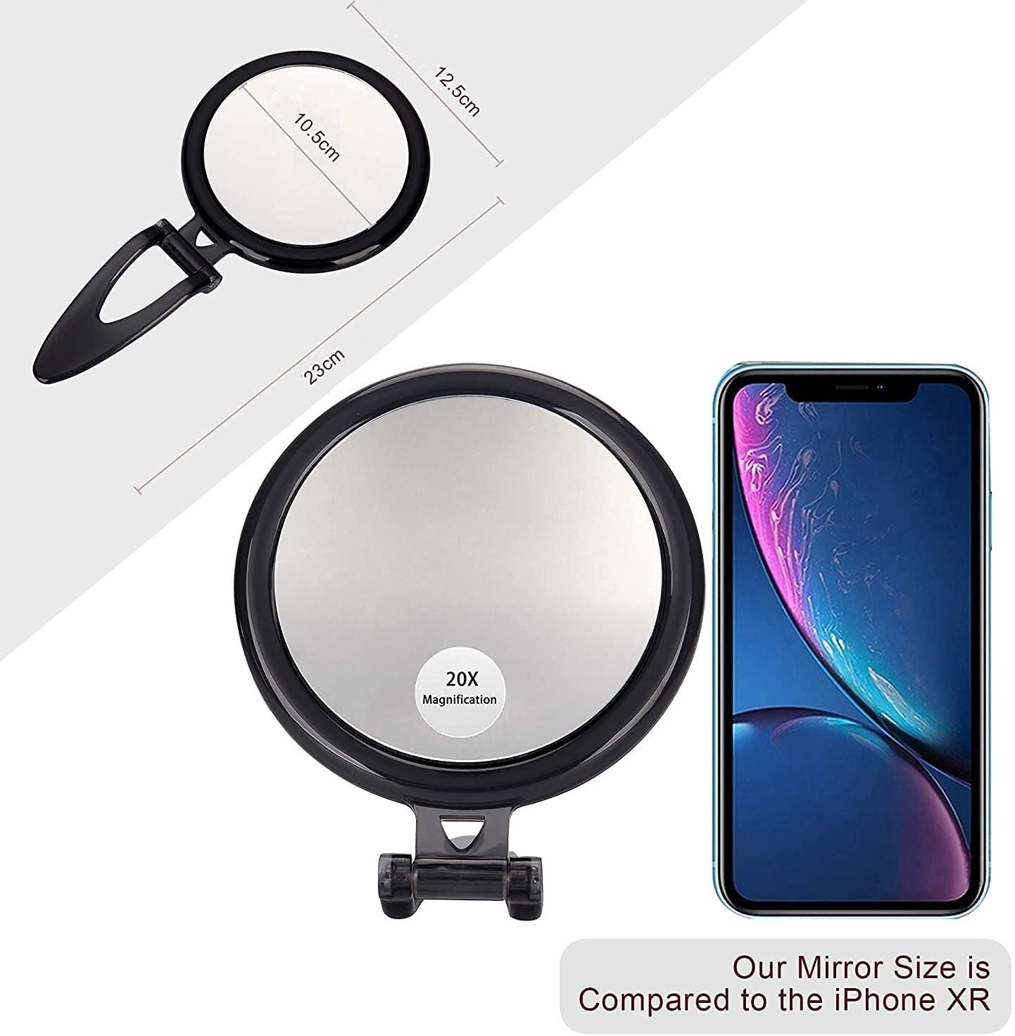 20X Magnifying Hand Mirror with adjustable handle, perfect for makeup application and skincare routines.