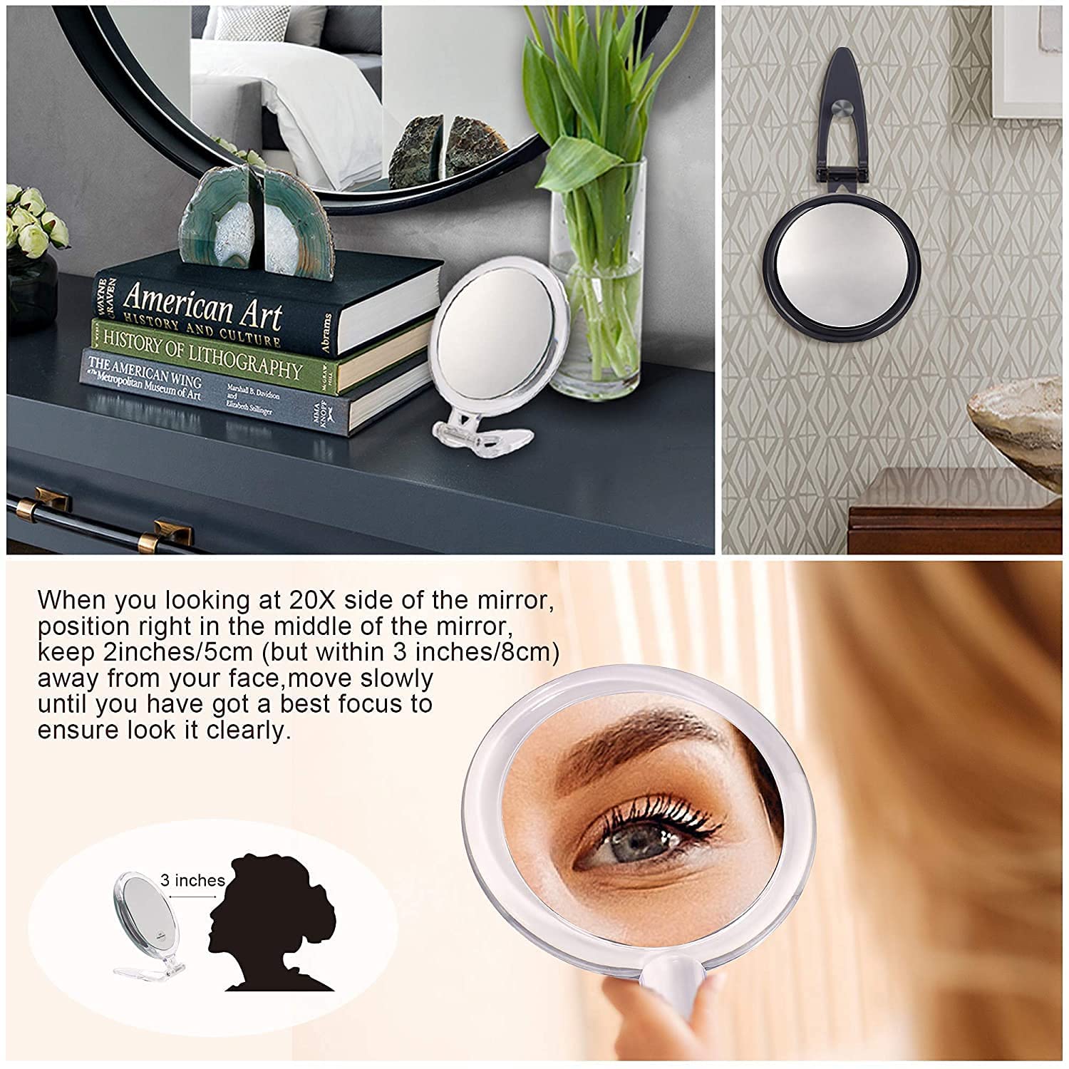 20X Magnifying Hand Mirror with adjustable handle, perfect for makeup application and skincare routines.