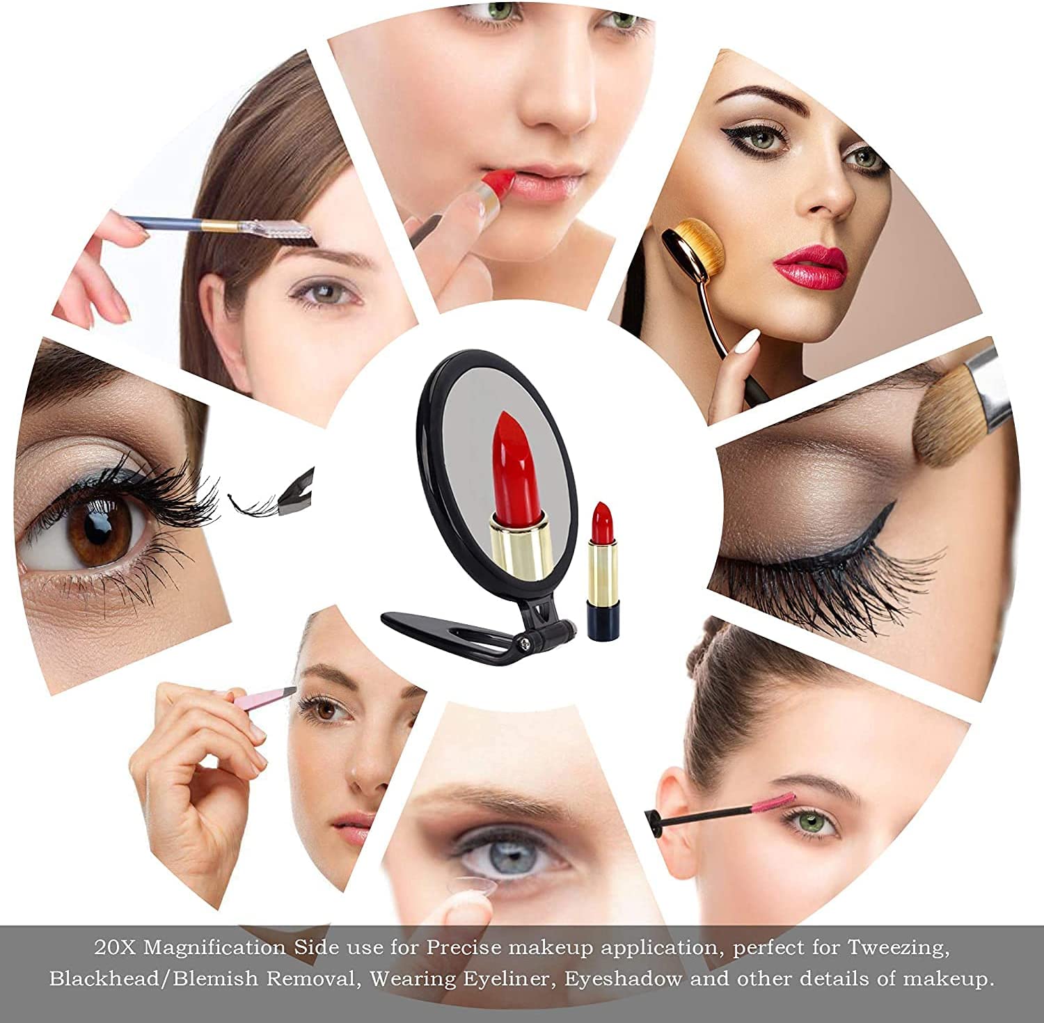 20X Magnifying Hand Mirror with adjustable handle, perfect for makeup application and skincare routines.