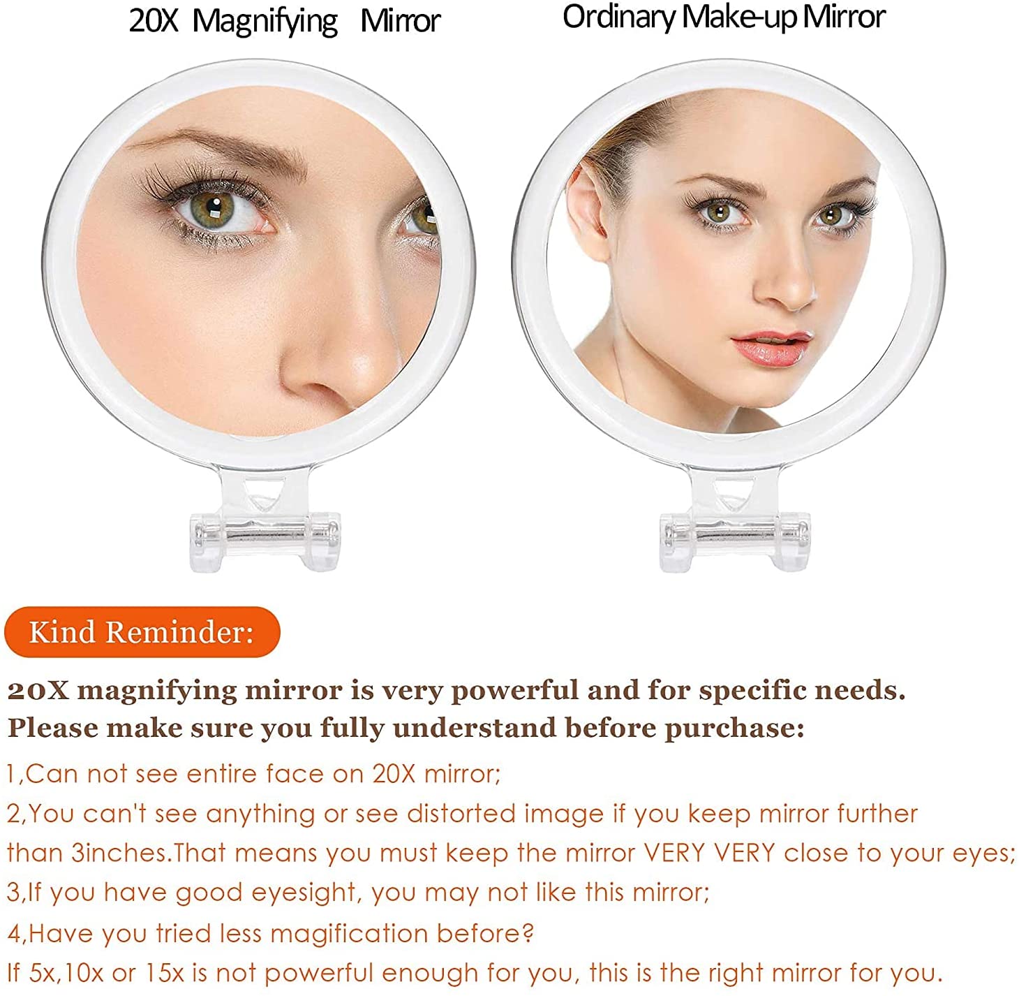 20X Magnifying Hand Mirror with adjustable handle, perfect for makeup application and skincare routines.