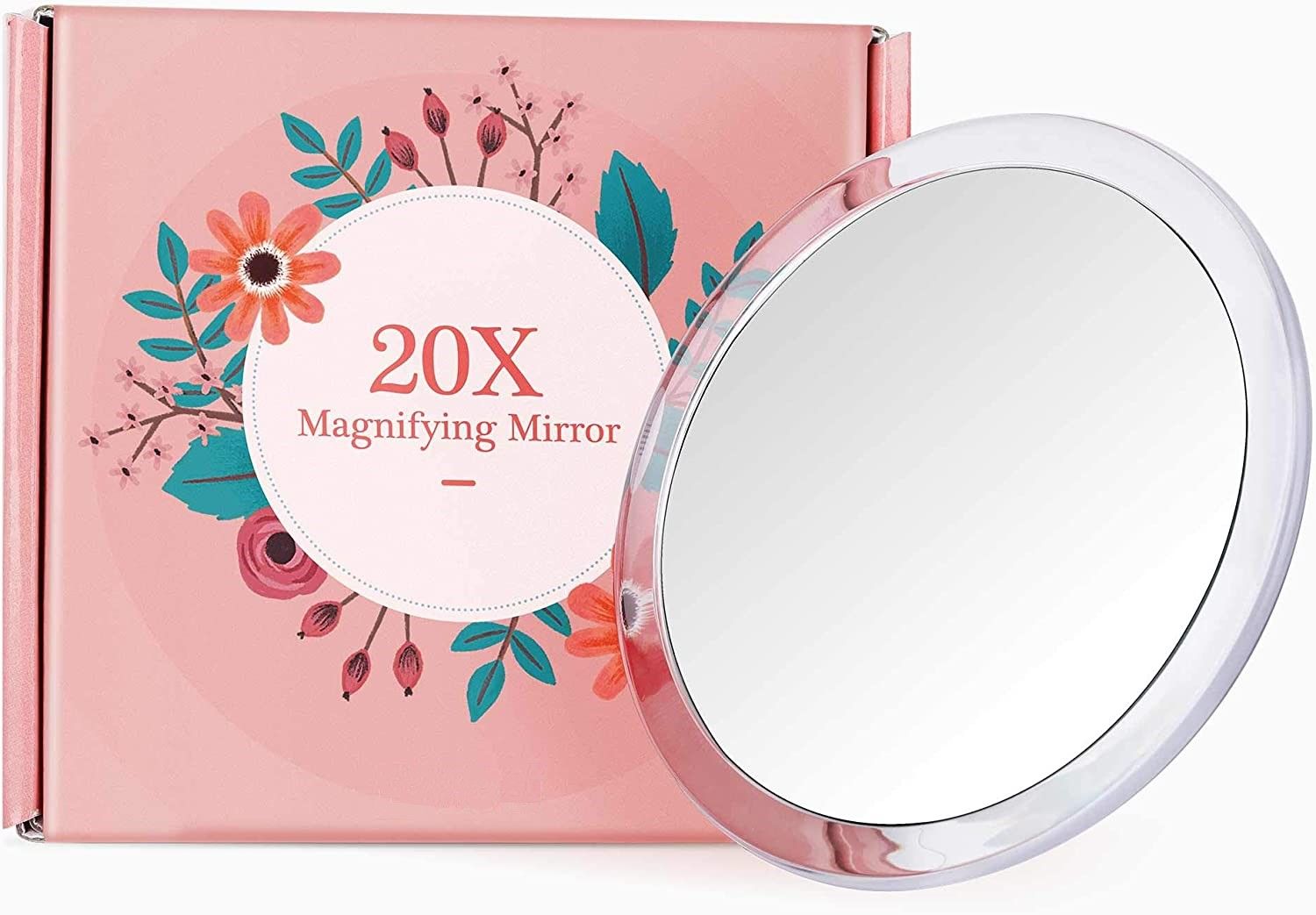 A 20X magnifying hand mirror with two sides, ideal for makeup application and grooming, showcasing its round shape and compact design.