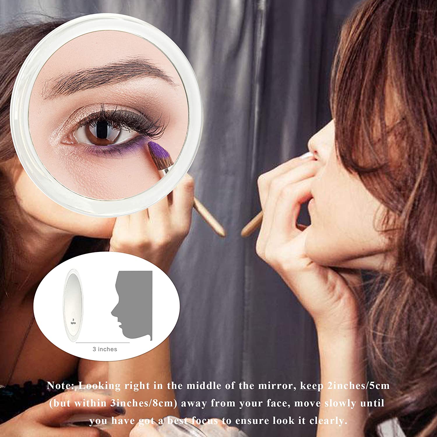 A 20X magnifying hand mirror with two sides, ideal for makeup application and grooming, showcasing its round shape and compact design.