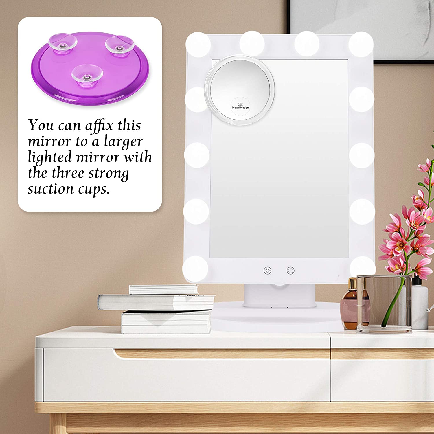 A 20X magnifying hand mirror with two sides, ideal for makeup application and grooming, showcasing its round shape and compact design.