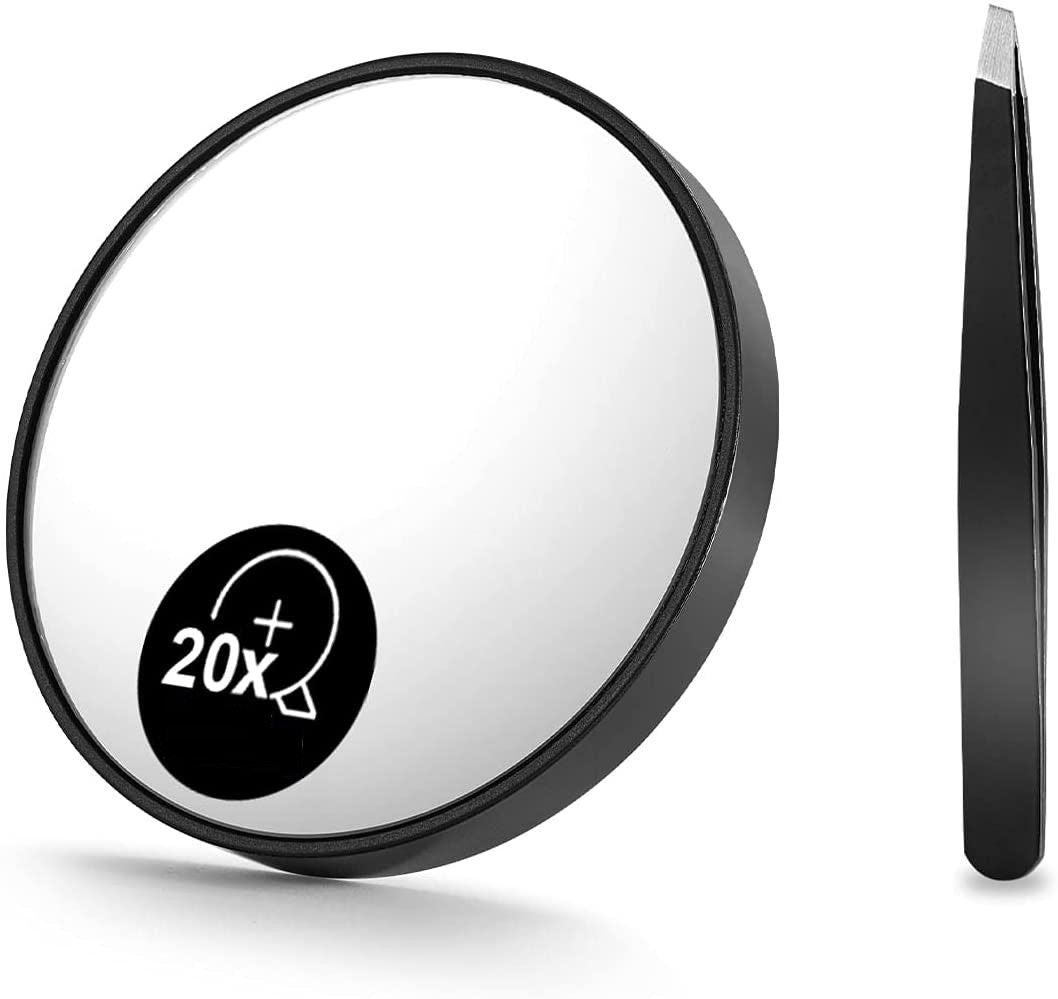 20X Magnifying Mirror and Eyebrow Tweezers Kit, featuring a compact mirror with suction cups and stainless steel tweezers for precise grooming.