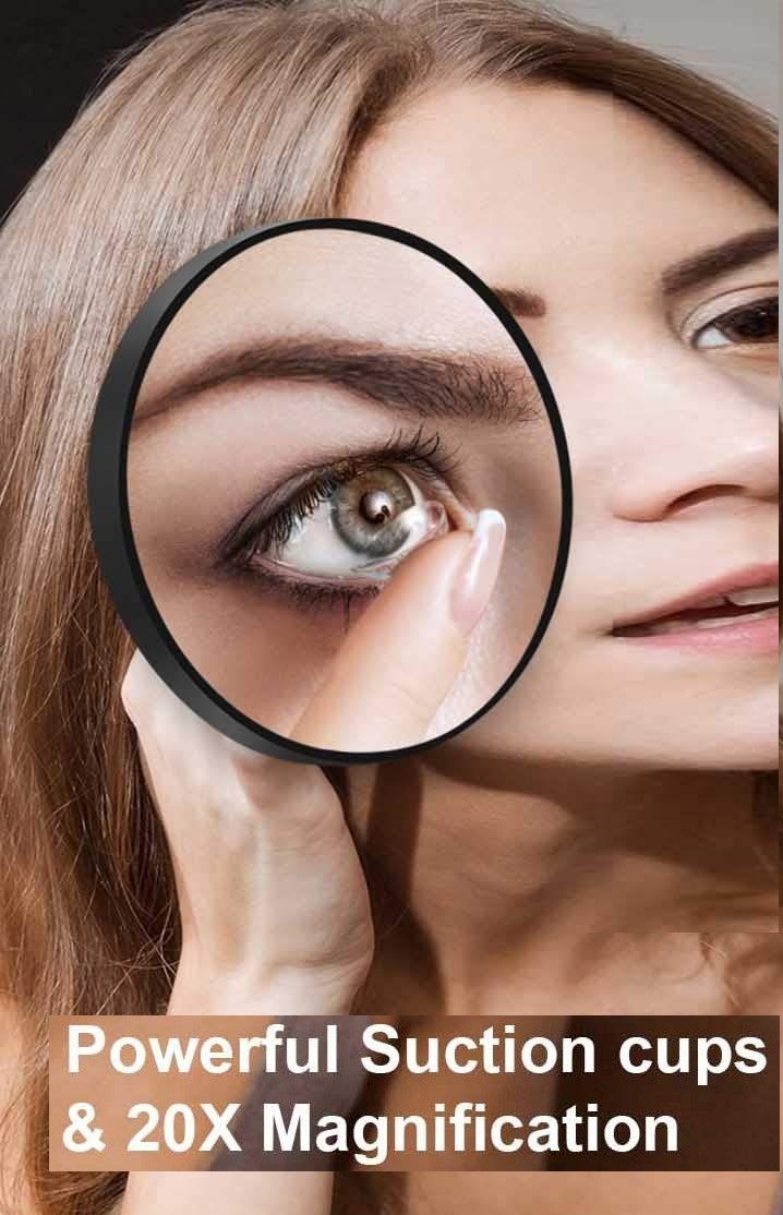 20X Magnifying Mirror and Eyebrow Tweezers Kit, featuring a compact mirror with suction cups and stainless steel tweezers for precise grooming.