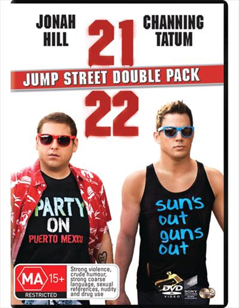 21 Jump Street and 22 Jump Street Double Pack DVD featuring Jonah Hill and Channing Tatum in comedic undercover roles.