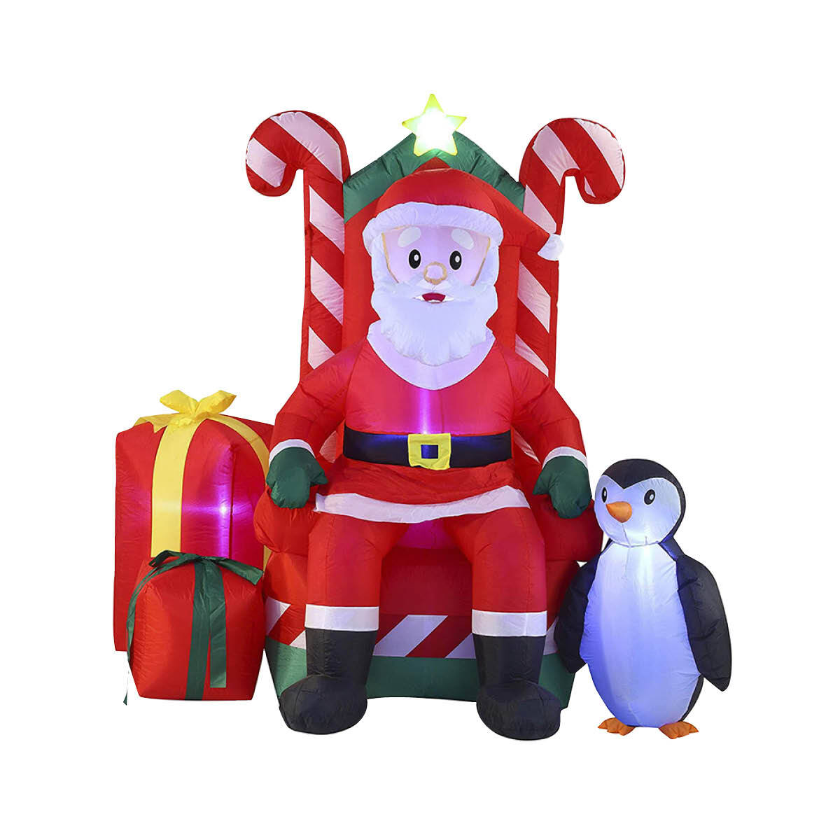 A 2.1m inflatable Santa sitting in a candy cane armchair, illuminated with bright white LED lights, perfect for outdoor Christmas decorations.