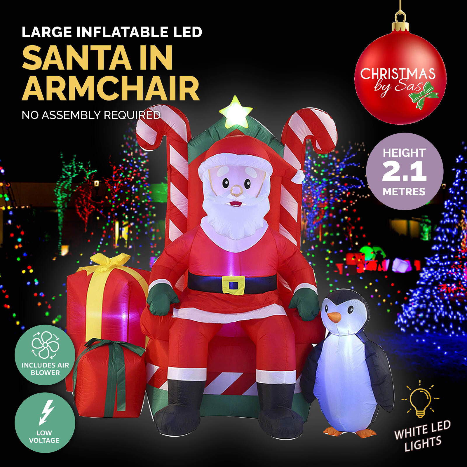 A 2.1m inflatable Santa sitting in a candy cane armchair, illuminated with bright white LED lights, perfect for outdoor Christmas decorations.