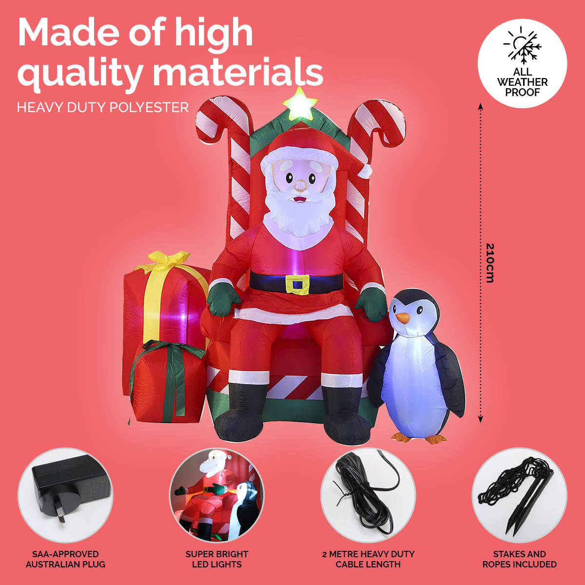 A 2.1m inflatable Santa sitting in a candy cane armchair, illuminated with bright white LED lights, perfect for outdoor Christmas decorations.