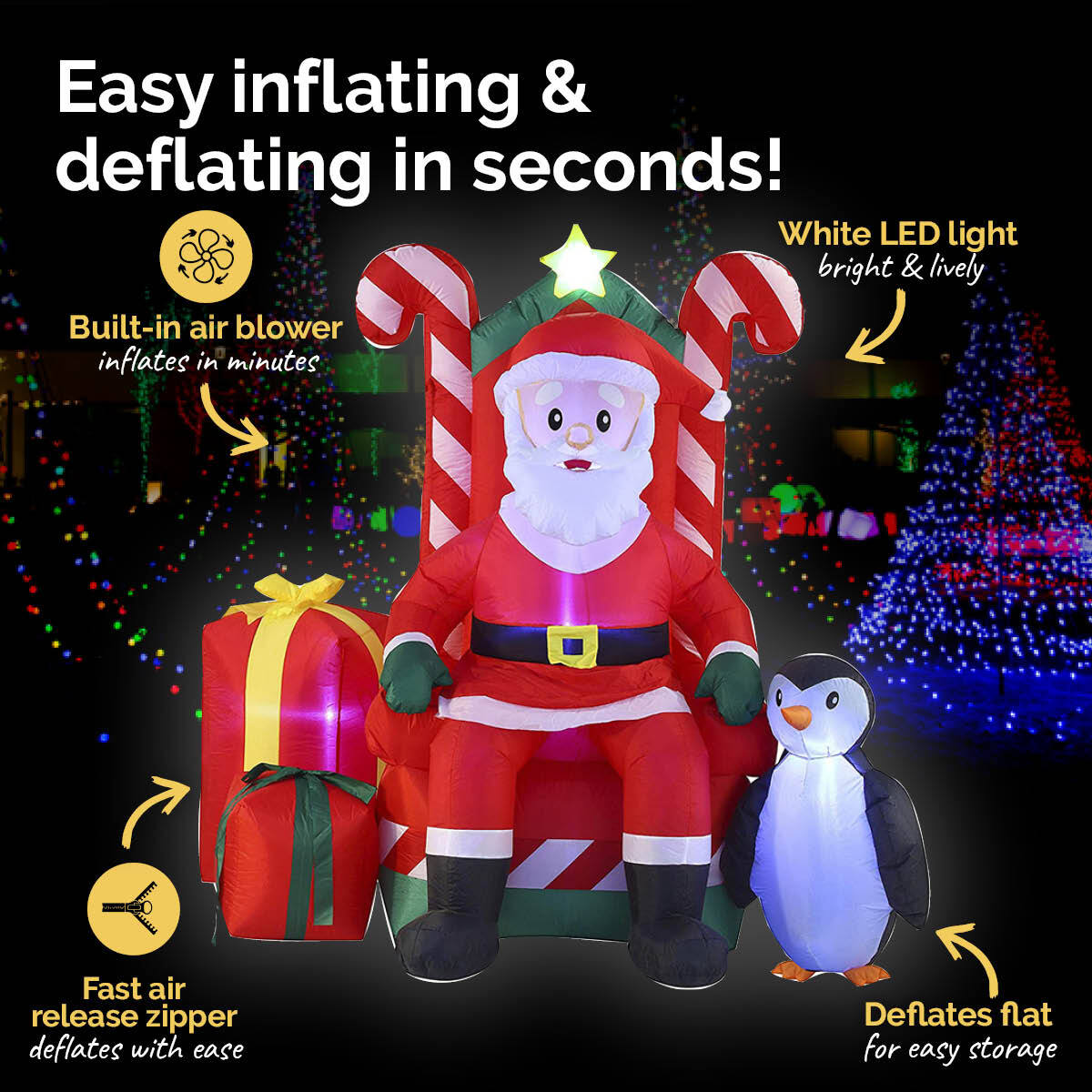 A 2.1m inflatable Santa sitting in a candy cane armchair, illuminated with bright white LED lights, perfect for outdoor Christmas decorations.