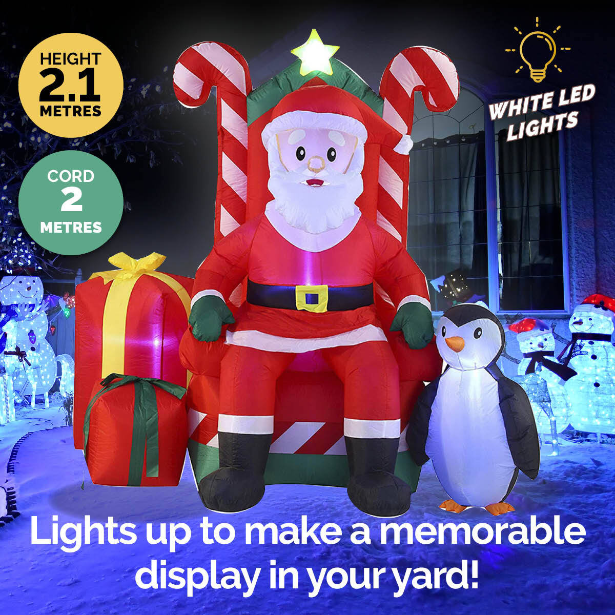 A 2.1m inflatable Santa sitting in a candy cane armchair, illuminated with bright white LED lights, perfect for outdoor Christmas decorations.