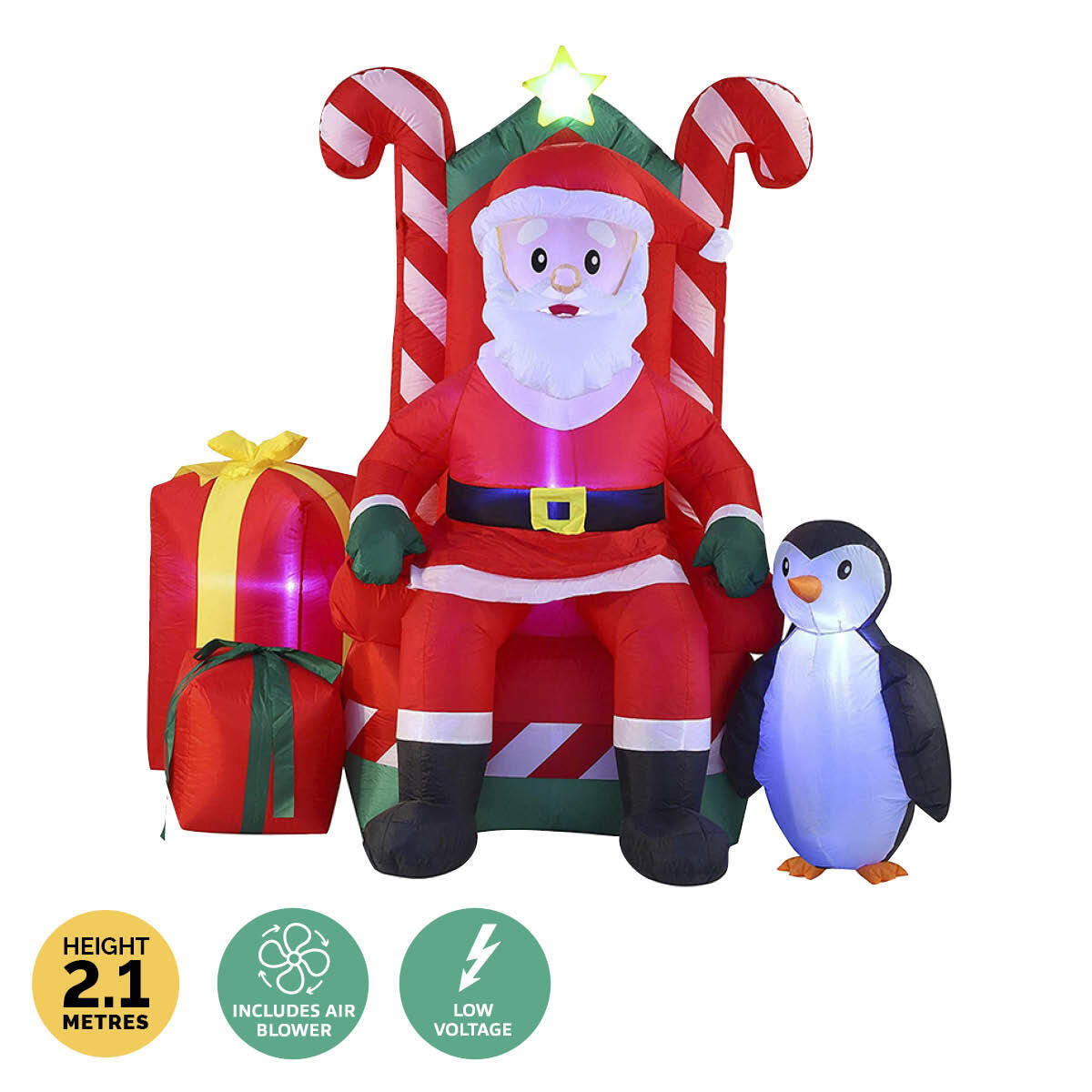 A 2.1m inflatable Santa sitting in a candy cane armchair, illuminated with bright white LED lights, perfect for outdoor Christmas decorations.