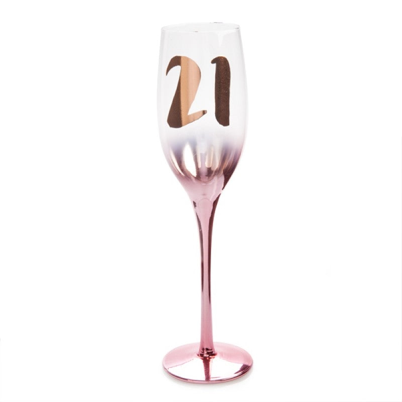 21st Birthday Blush Campagne Flute with metallic rose gold design and cursive number decal.