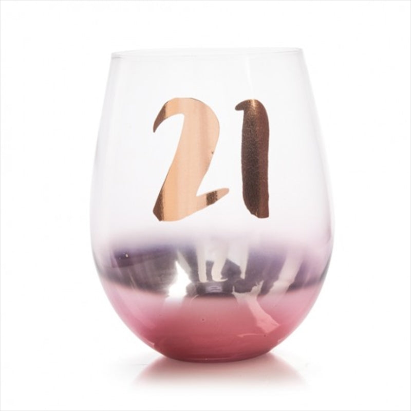 21st Birthday Blush Stemless glass with metallic rose gold bottom and cursive number design.