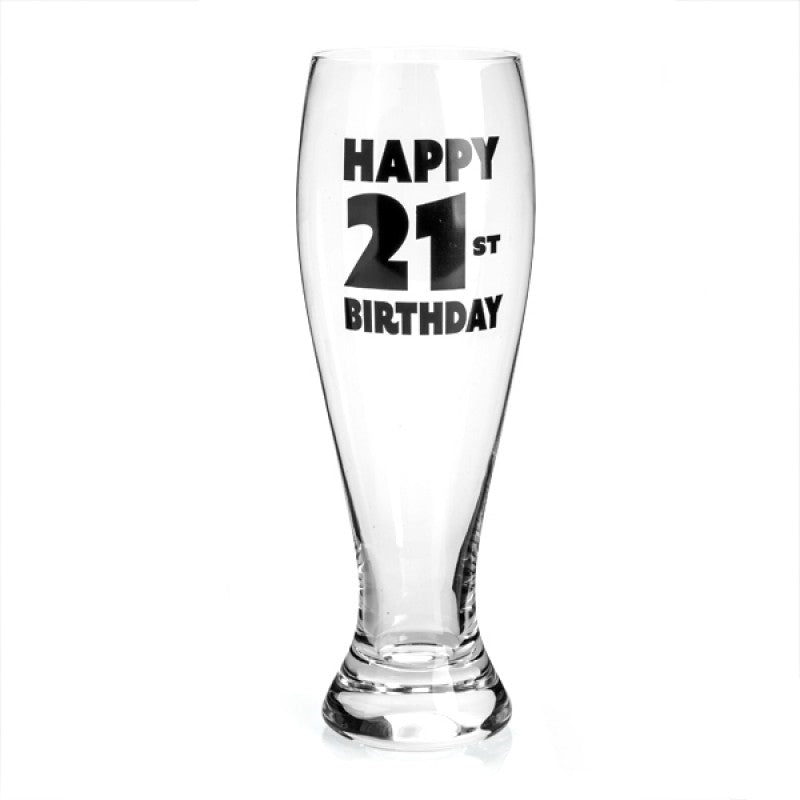 Hand blown pilsner glass with 'Happy 21st Birthday' black decal, perfect for beer.