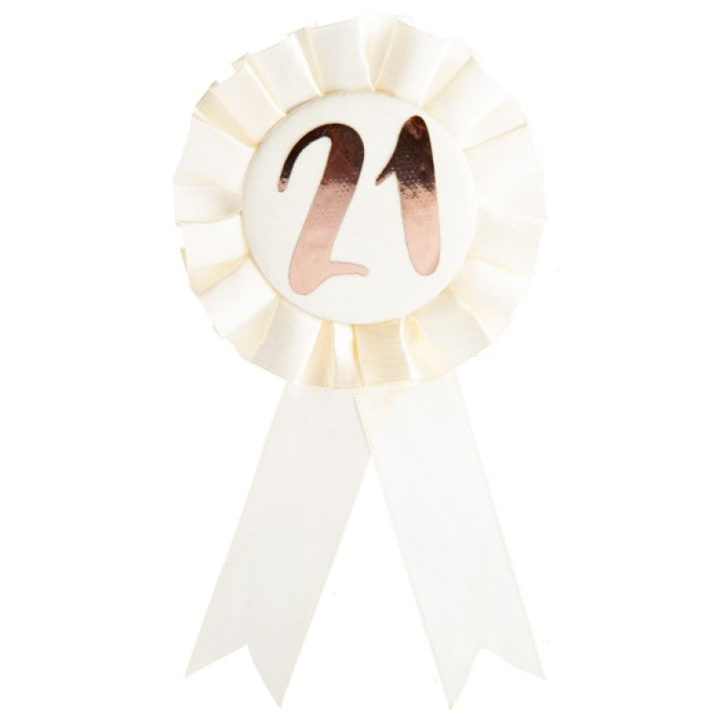 A stylish 21st birthday rosette badge featuring rose gold accents on a white background, perfect for celebrations.