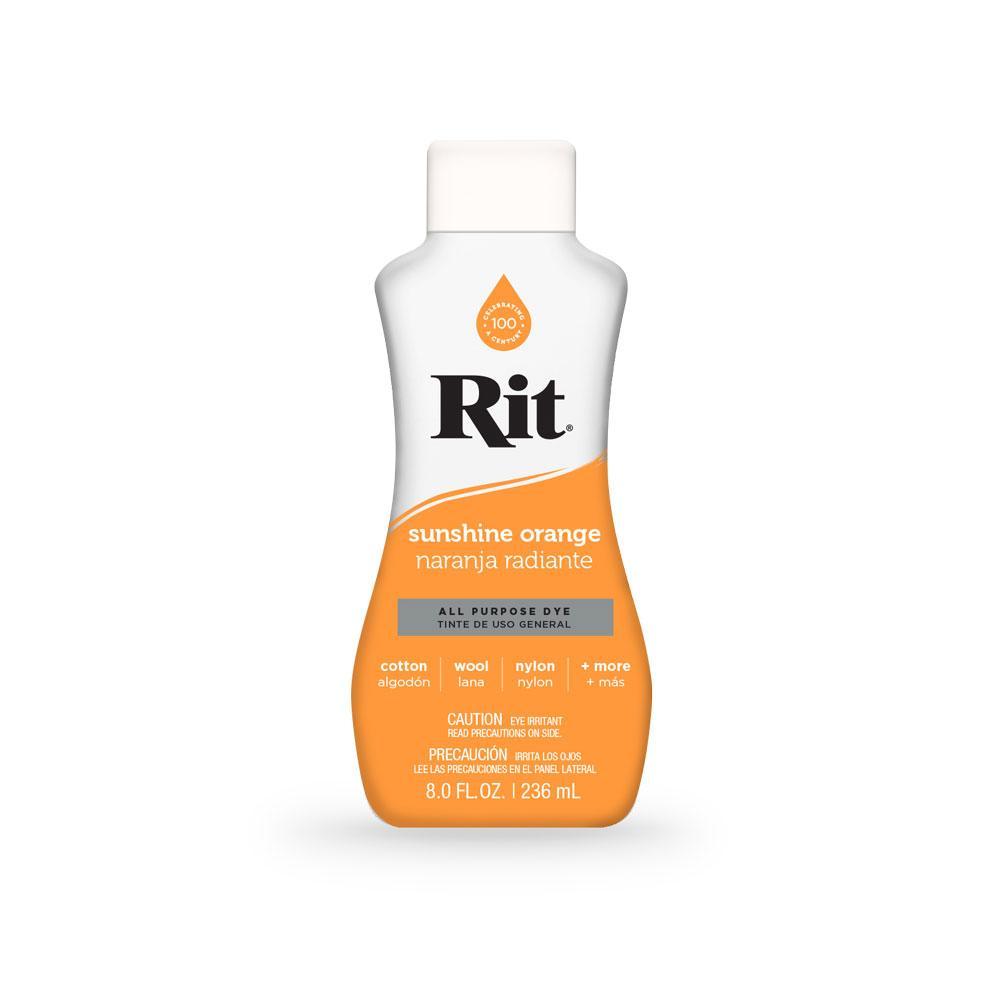 Rit 236ml Sunshine Orange Fabric Dye bottle with vibrant orange liquid, ideal for dyeing various fabrics.