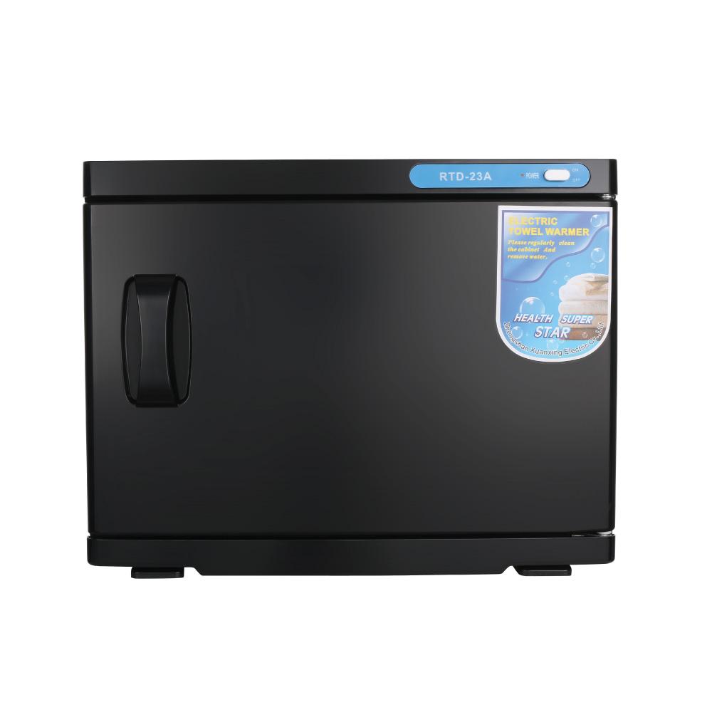 23L Black UV Electric Towel Warmer Steriliser Cabinet with towels inside, showcasing its sleek design and functionality.