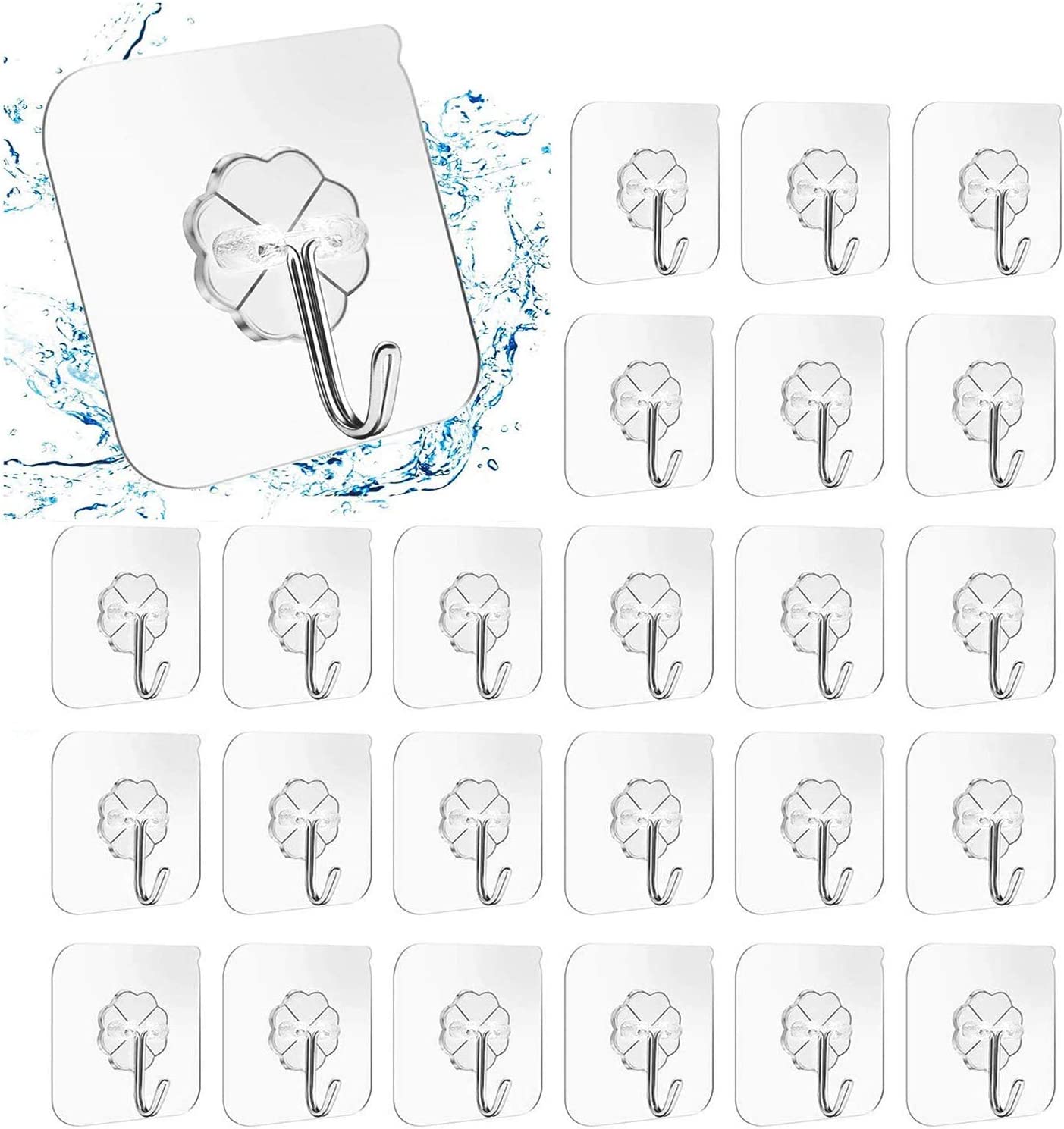 24 packs of heavy-duty adhesive hooks designed for kitchen and home use, featuring a transparent design for seamless integration into decor.