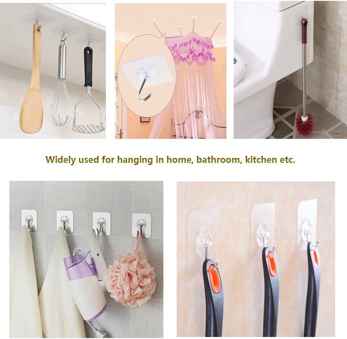 24 packs of heavy-duty adhesive hooks designed for kitchen and home use, featuring a transparent design for seamless integration into decor.