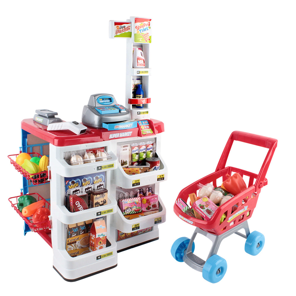 Colorful 24 Piece Kids Super Market Toy Set featuring a mini trolley and barcode scanner, perfect for imaginative play.