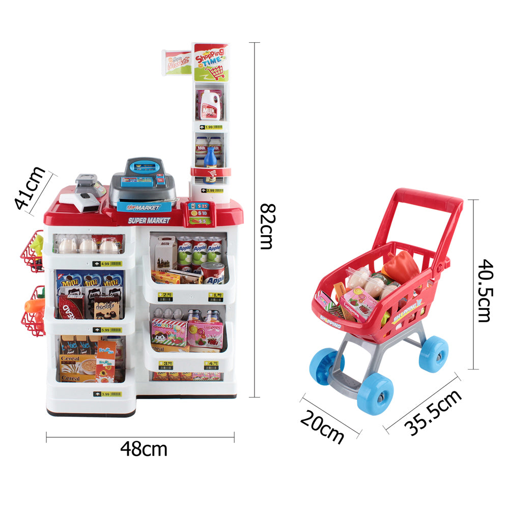 Colorful 24 Piece Kids Super Market Toy Set featuring a mini trolley and barcode scanner, perfect for imaginative play.