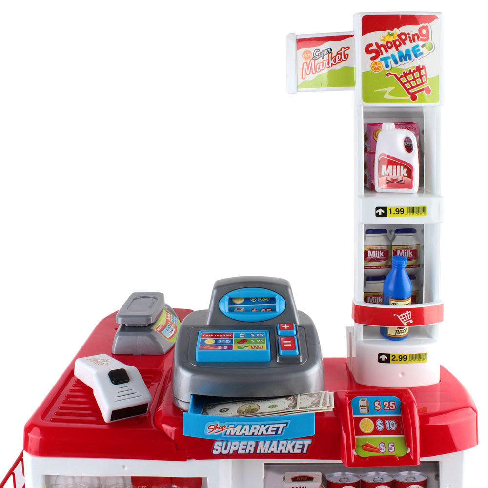 Colorful 24 Piece Kids Super Market Toy Set featuring a mini trolley and barcode scanner, perfect for imaginative play.