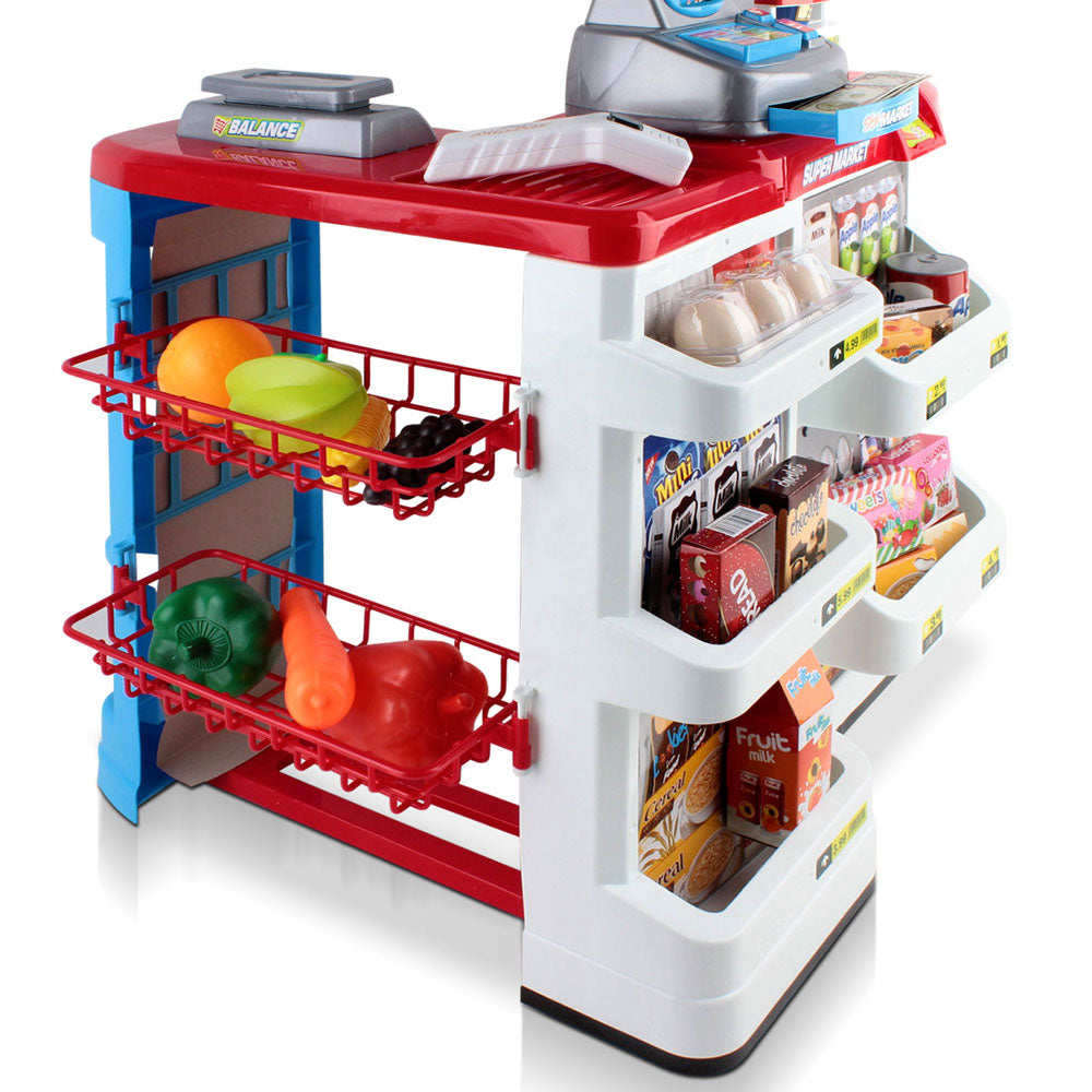 Colorful 24 Piece Kids Super Market Toy Set featuring a mini trolley and barcode scanner, perfect for imaginative play.