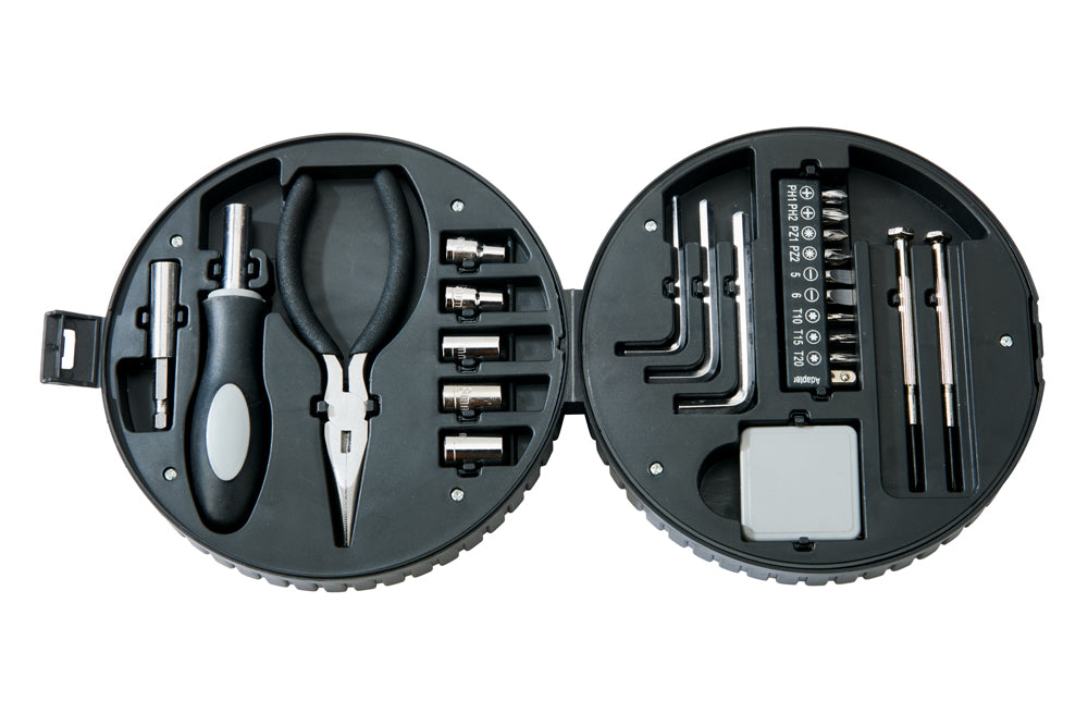 24 Piece Tool Set in a tire-shaped design, featuring various tools including screwdrivers, sockets, and pliers, all neatly packaged.