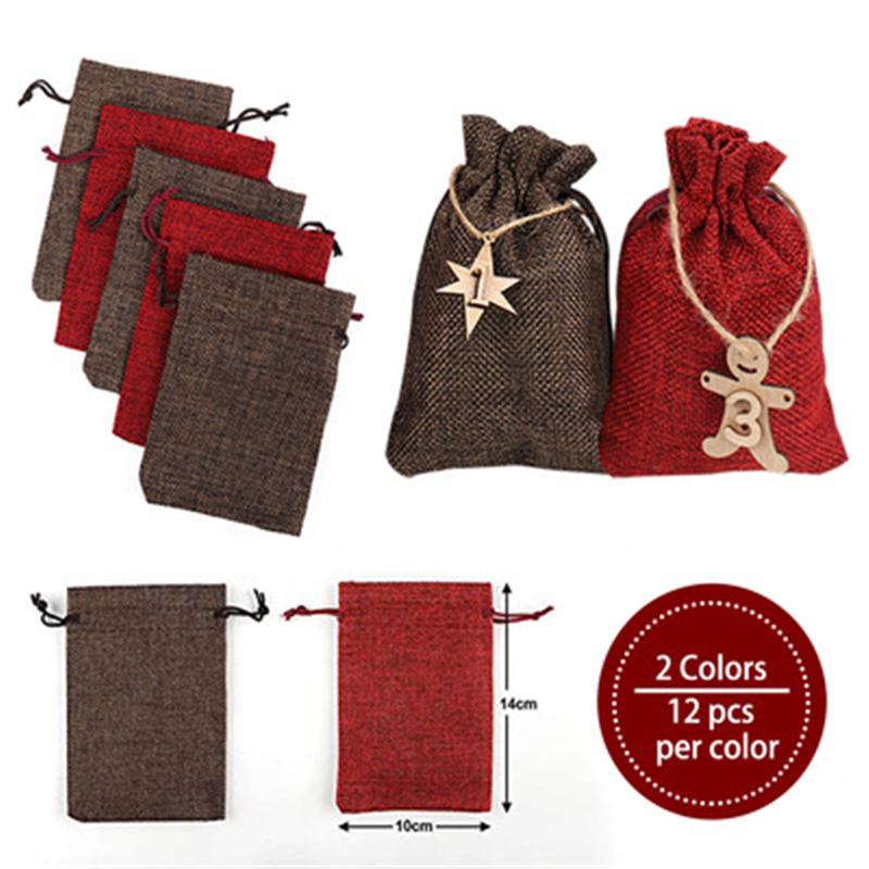 24Pcs Christmas Advent Calendar featuring wooden clips and linen bags for festive countdown decoration.