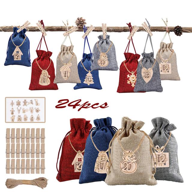 24Pcs Christmas Advent Calendar featuring wooden clips and linen bags for festive countdown decoration.