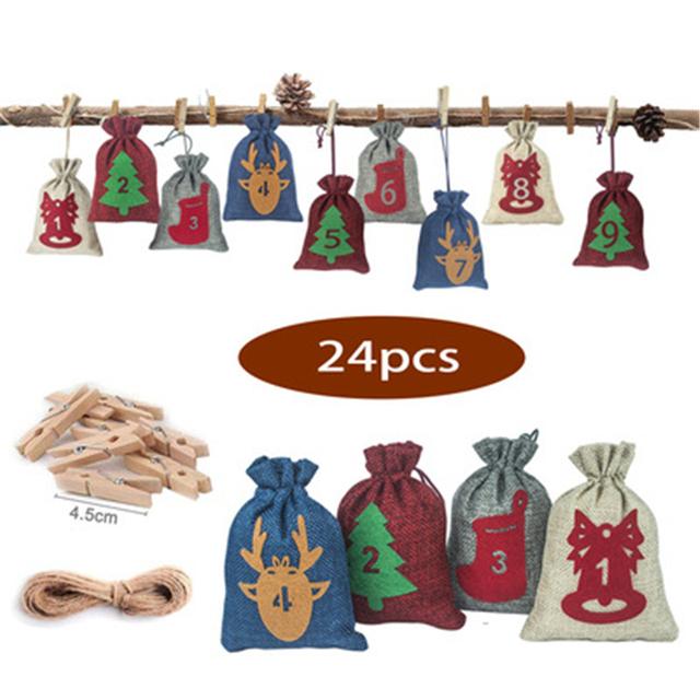 24Pcs Christmas Advent Calendar featuring wooden clips and linen bags for festive countdown decoration.