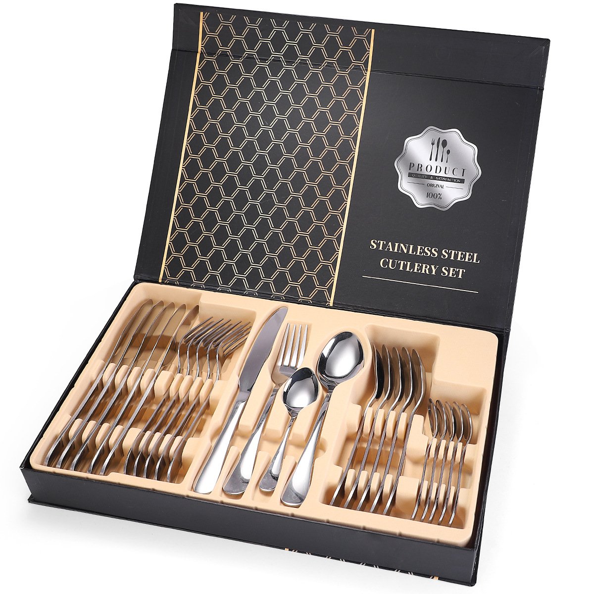 24-piece stainless steel cutlery set featuring gold inlay design, including knives, forks, spoons, and chopsticks in a stylish green color.