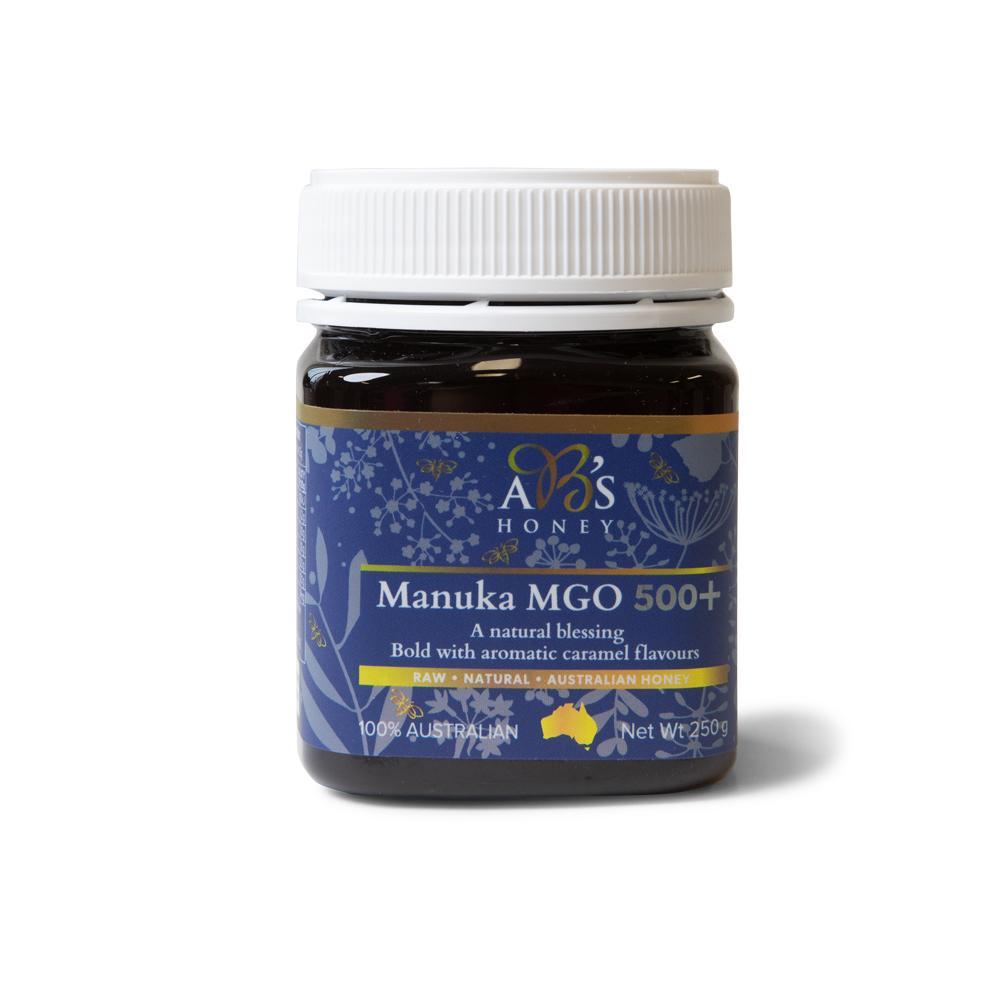 250g jar of MGO 500+ Australian Manuka Honey, showcasing its rich dark color and natural packaging.