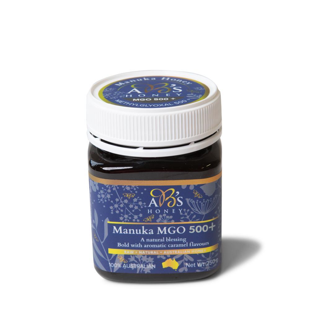 250g jar of MGO 500+ Australian Manuka Honey, showcasing its rich dark color and natural packaging.