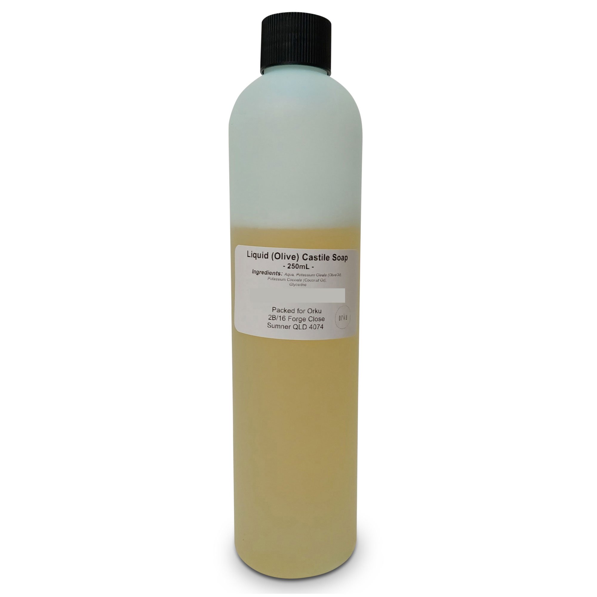 250ml bottle of pure unscented Liquid Castile Soap made from olive oil and coconut oil, showcasing its natural golden color.