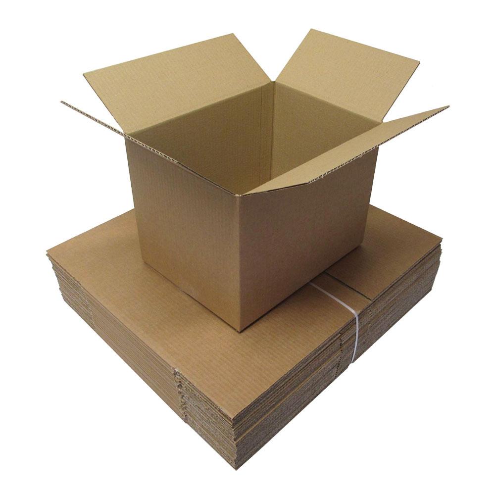 A stack of 25 cardboard boxes, each measuring 305x215x255mm, ideal for moving and storage, showcasing their lightweight and strong design.