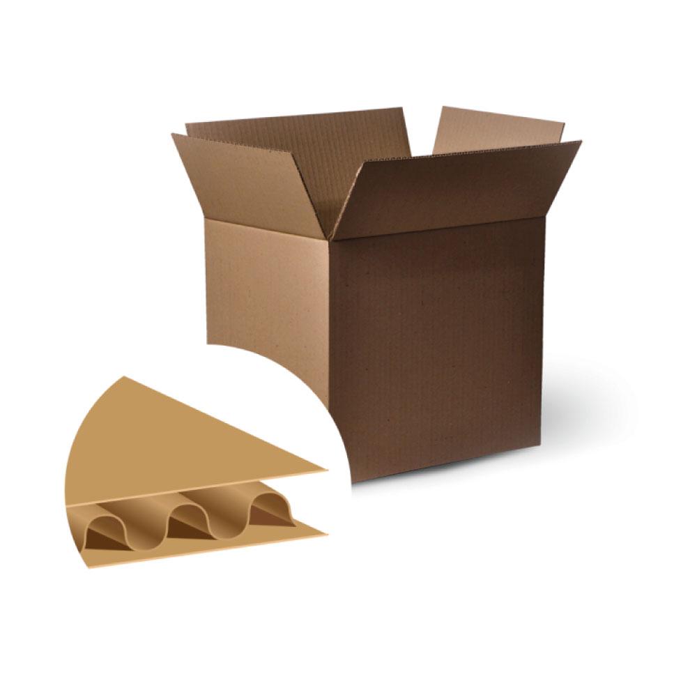 A stack of 25 cardboard boxes, each measuring 305x215x255mm, ideal for moving and storage, showcasing their lightweight and strong design.