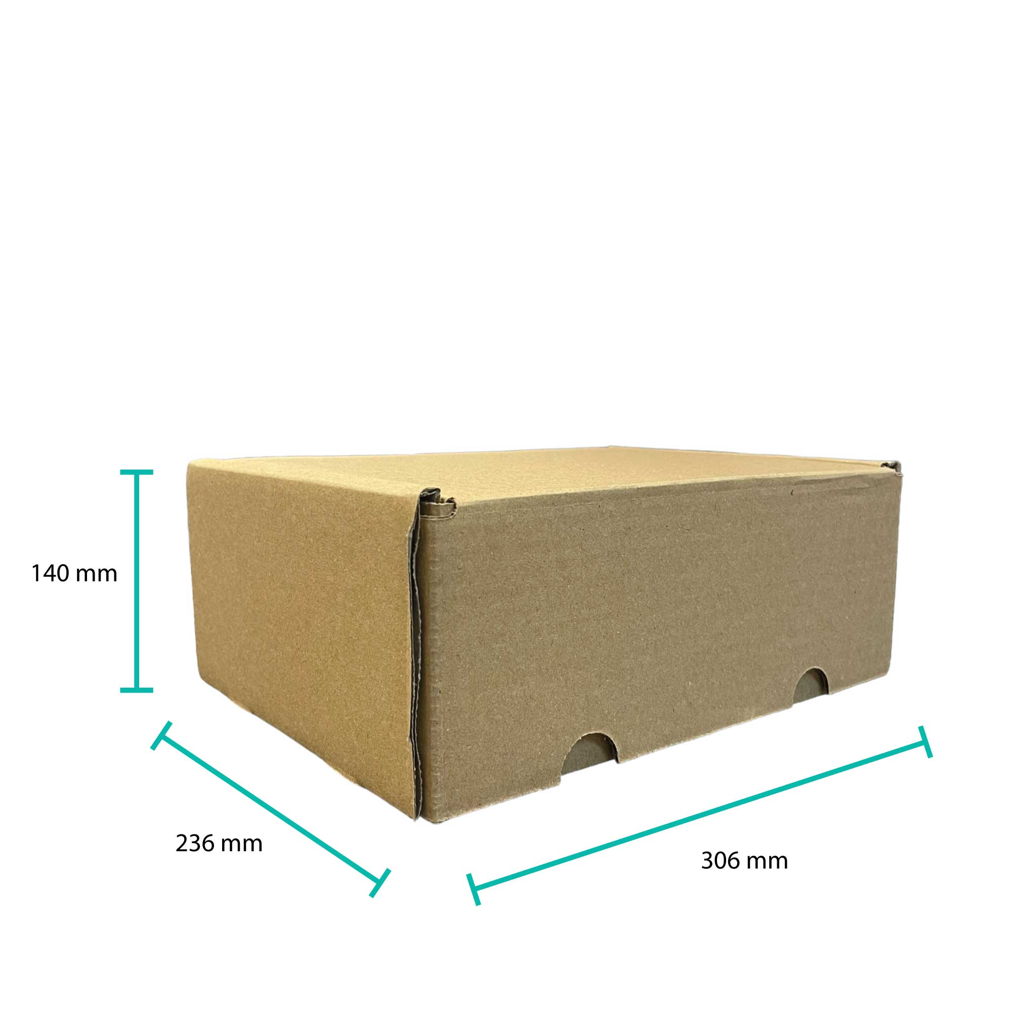 25x Die Cut Cardboard Boxes in kraft brown color, measuring 306x236x140mm, ideal for shipping and packaging.