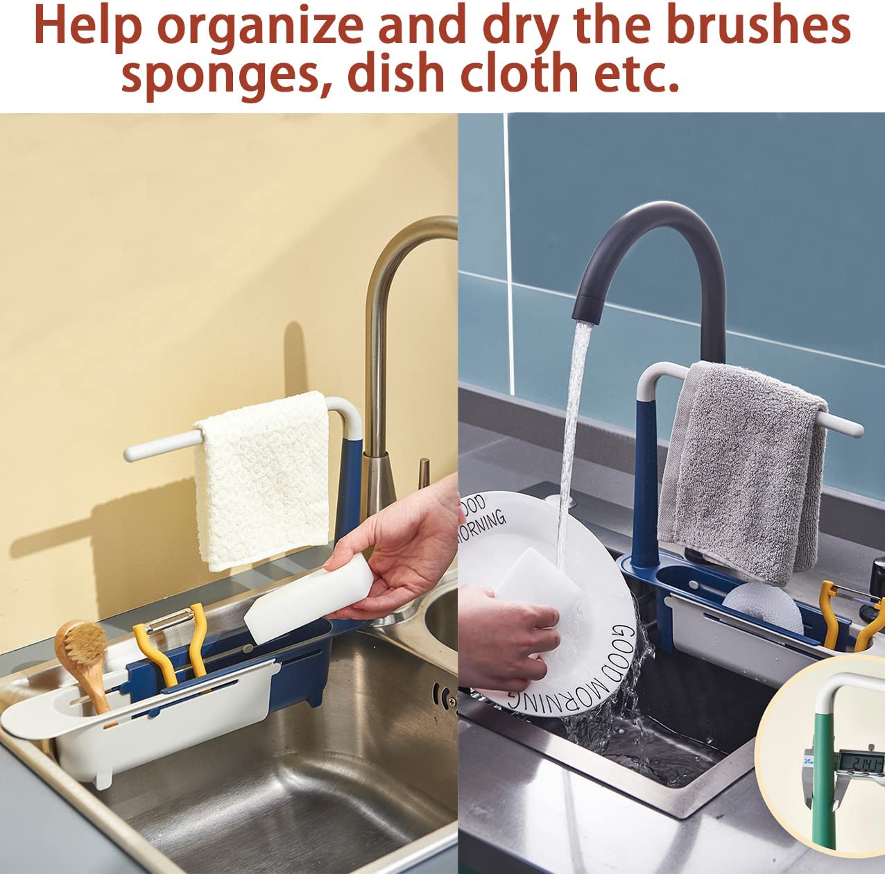 2-in-1 Kitchen Sponge Holder Brush Holder with adjustable design, ventilated drainage, and space-saving features for kitchen organization.