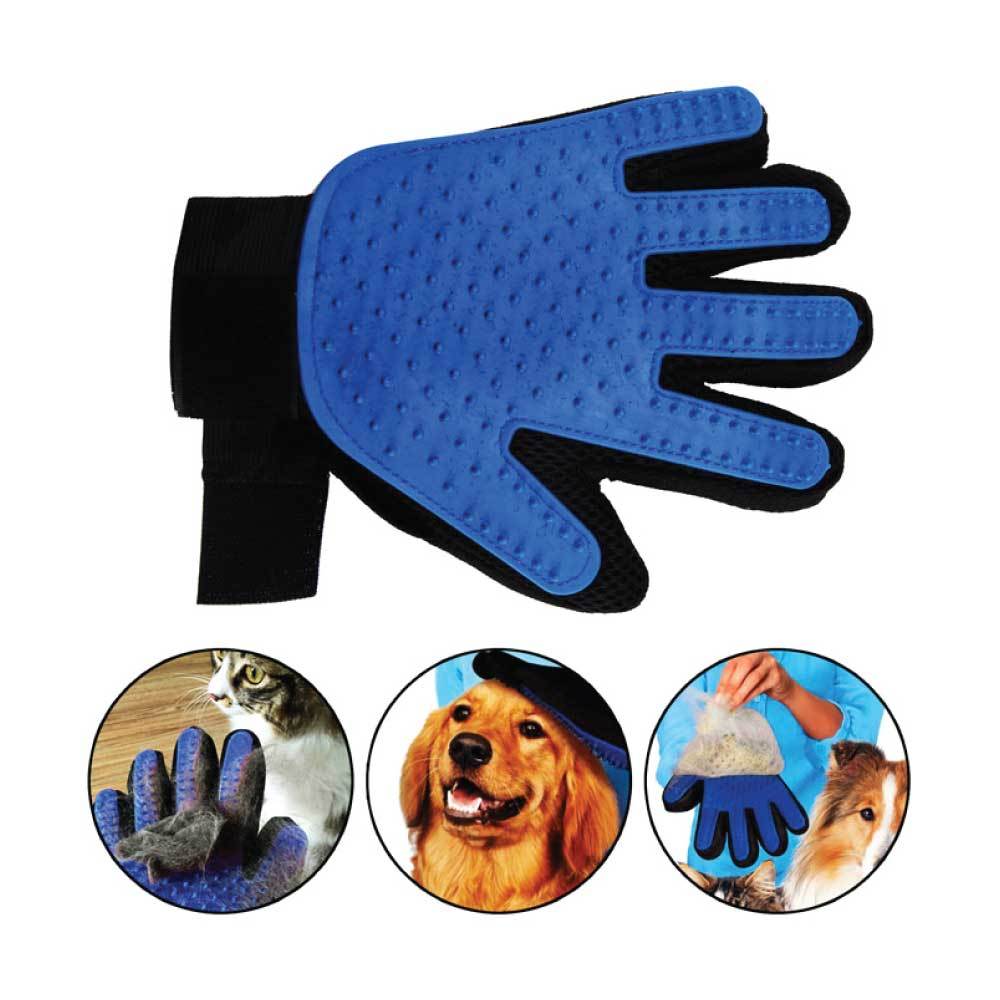 A blue and black 2in1 Pet Deshedding and Massage Glove designed for grooming dogs and cats, featuring silicone tips for effective hair removal.