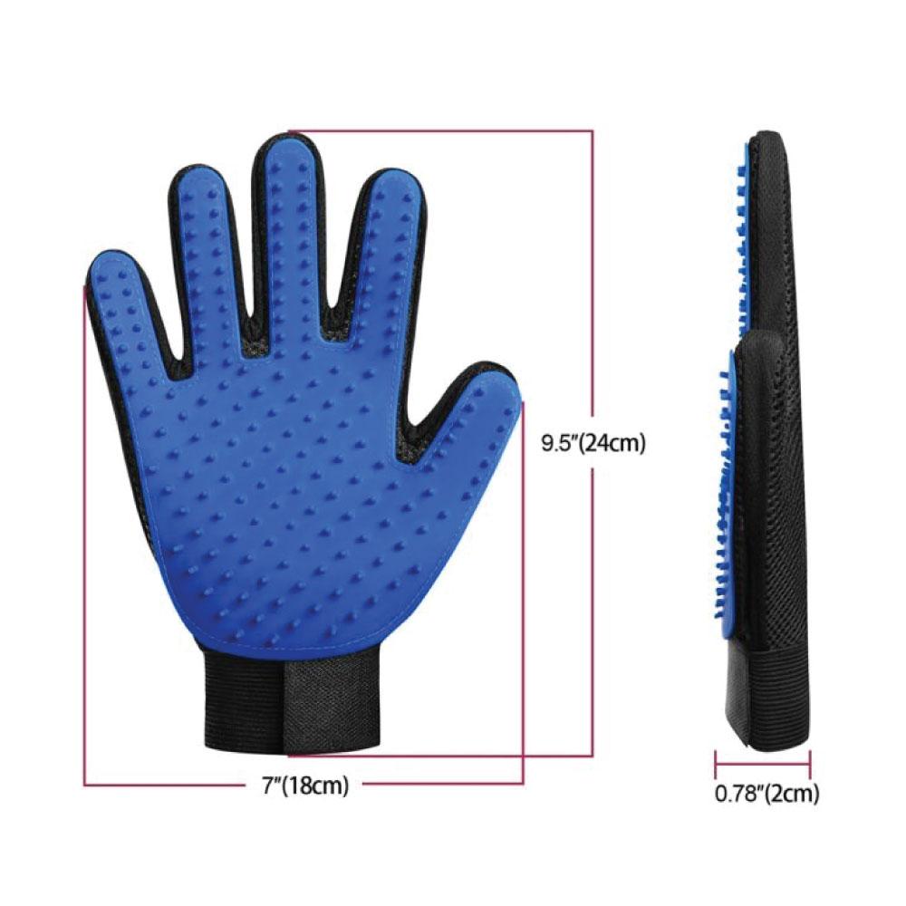 A blue and black 2in1 Pet Deshedding and Massage Glove designed for grooming dogs and cats, featuring silicone tips for effective hair removal.