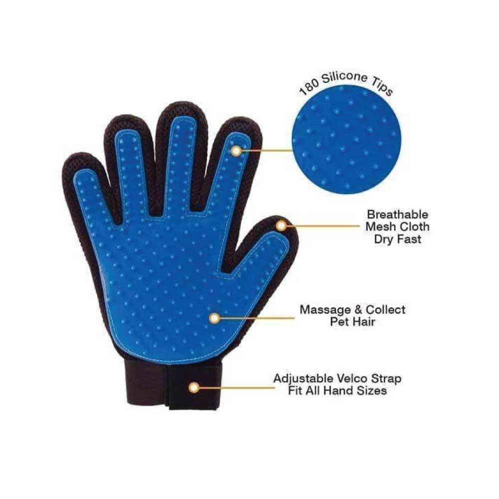 A blue and black 2in1 Pet Deshedding and Massage Glove designed for grooming dogs and cats, featuring silicone tips for effective hair removal.